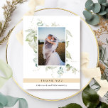 Elegant Photo Greenery Wedding Beige Tan Thank Yo Thank You Card<br><div class="desc">Elegant photo wedding thank you flat card with exquisite watercolor greenery showcasing your image. Beige tan stripe showcasing thank you message. Back with beautiful greenery monogram with couples initials. Ability to receive cards with your own printed message on the back or to erase our message and receive the back in...</div>
