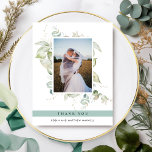 Elegant Photo Greenery Wedding, Green Thank You Card<br><div class="desc">Elegant photo wedding thank you flat card with exquisite watercolor greenery showcasing your image. Green stripe showcasing thank you message. Back with beautiful greenery monogram with couples initials. Ability to receive cards with your own printed message on the back or to erase our message and receive the back in black...</div>