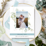 Elegant Photo Greenery Wedding ,Mist Blue Thank You Card<br><div class="desc">Elegant photo wedding thank you flat card with exquisite watercolor greenery showcasing your image. Mist blue stripe showcasing thank you message. Back with beautiful greenery monogram with couples initials. Ability to receive cards with your own printed message on the back or to erase our message and receive the back in...</div>