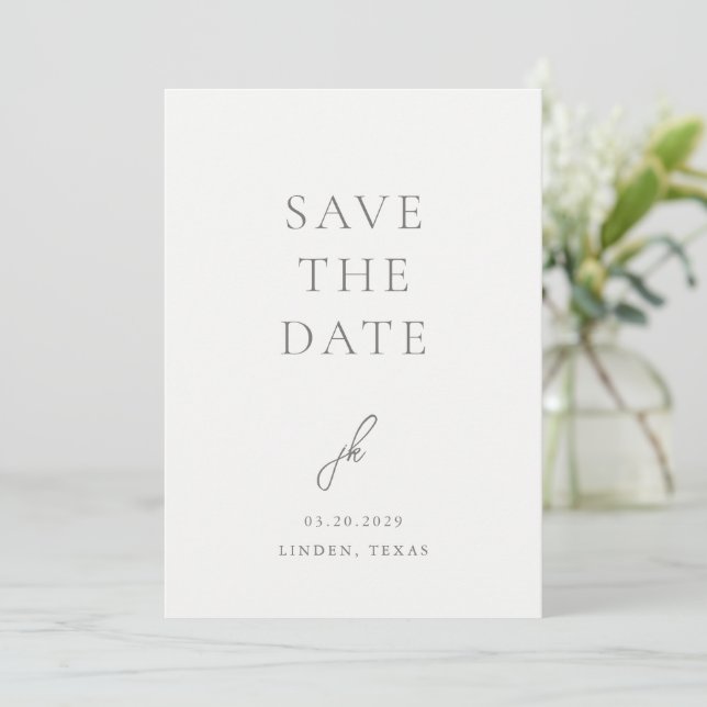 Elegant Photo Grey Script Monogram Wedding Save The Date (Standing Front)