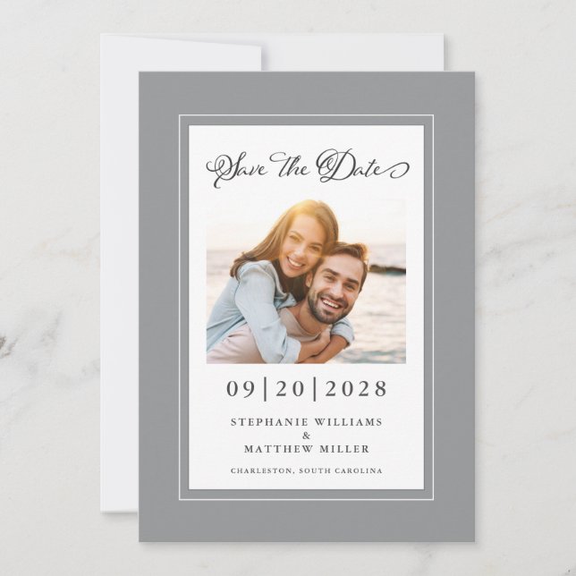 Elegant Photo Grey White Save The Date Engagement (Front)