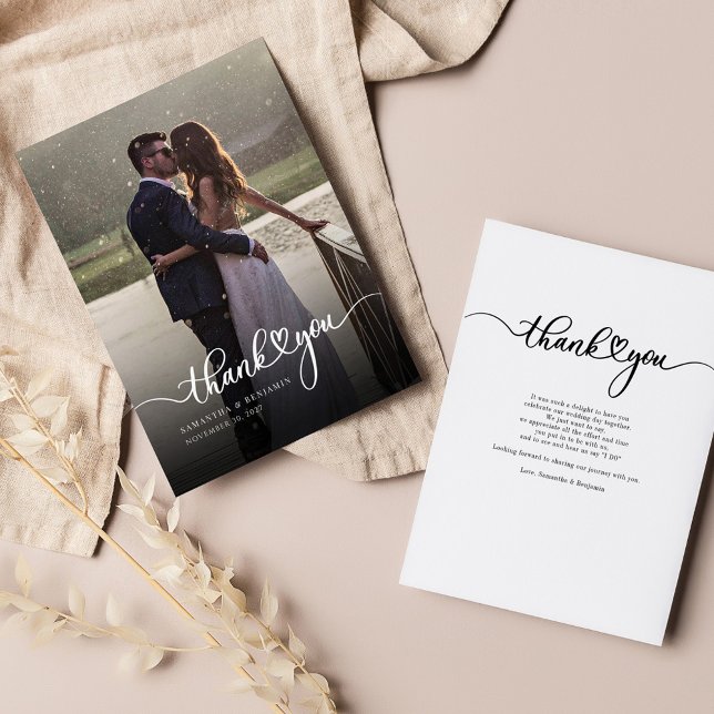 Elegant Photo Hand-Lettered  Thank You Wedding Card (Wedding Thank You Photo Modern Hand-Lettered Script Note Card)