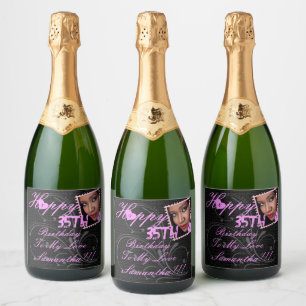 Elegant Photo Happy 35th Birthday Pink Black Sparkling Wine Label