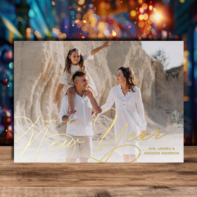 Elegant Photo Happy New Year Script Gold (Happy New Year Script REAL Gold Foil Greeting Cards)