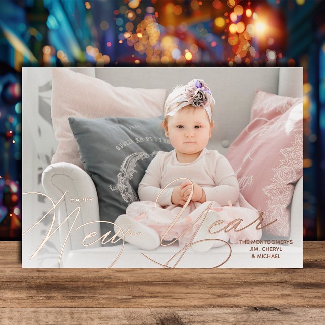Elegant Photo Happy New Year Script Rose Gold (Happy New Year Script REAL Rose Gold Foil Greeting Cards)