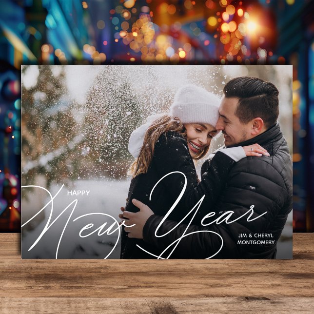 Elegant Photo Happy New Year Script Silver (Happy New Year Script REAL Silver Foil Greeting Cards)