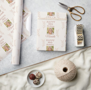 Elegant Photo Leaves Botanical 80th Birthday  Wrapping Paper