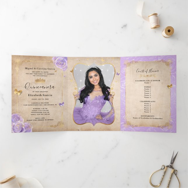 Elegant Photo Light Purple and Gold Quinceanera Tri-Fold Invitation (Inside)