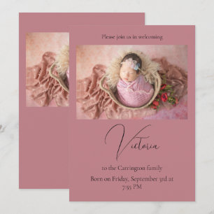 Elegant Photo Mauve Baby Birth Announcement Card