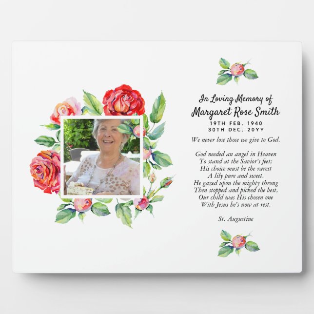 Elegant Photo Memorial Celebration of Life Roses Plaque (Front)