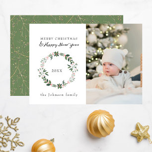 Elegant Photo Merry Christmas Wreath Green Holiday Card