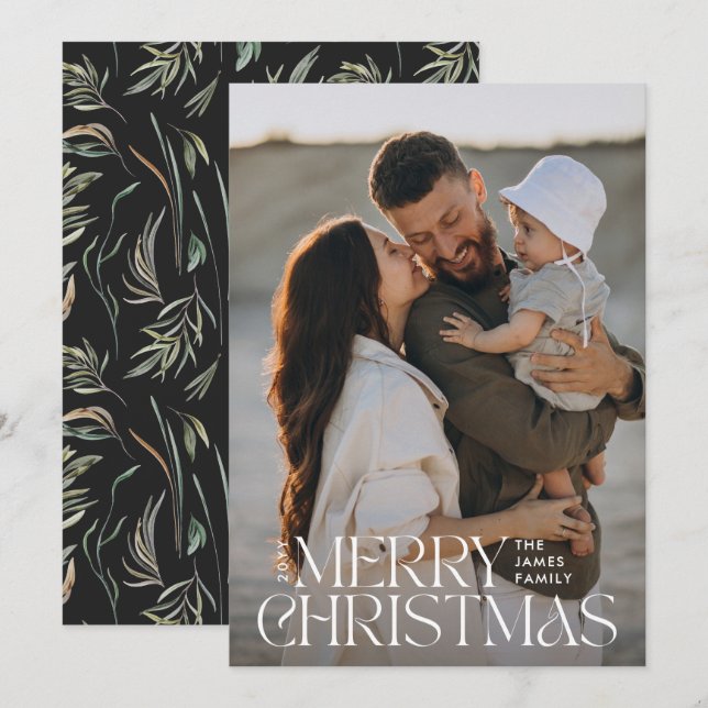 Elegant photo modern minimal black botanical holiday card (Front/Back)