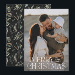 Elegant photo modern minimal black botanical holiday card<br><div class="desc">Elegant photo modern minimal natural black watercolor botanical typography Merry Christmas holiday flat card.</div>