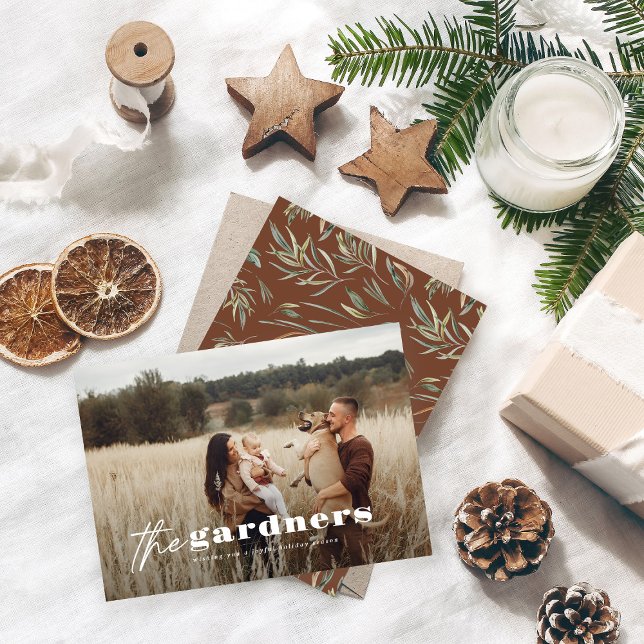 Elegant photo modern minimal brown botanical holiday card (Creator Uploaded)