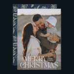 Elegant photo modern minimal navy blue botanical holiday card<br><div class="desc">Elegant photo modern minimal natural navy blue watercolor botanical typography Merry Christmas holiday flat card.</div>