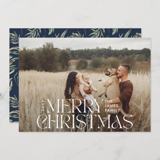 Elegant photo modern minimal navy blue botanical holiday card (Front/Back)