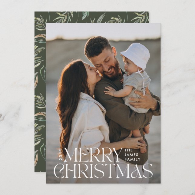 Elegant photo modern minimal olive green botanical holiday card (Front/Back)