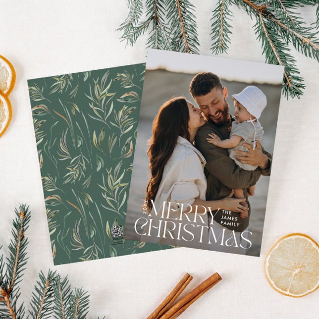 Elegant photo modern minimal sage green botanical holiday card (Creator Uploaded)