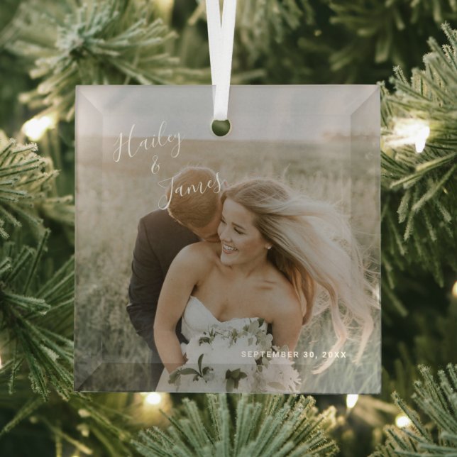 Elegant Photo Modern Newlywed First Christmas Glass Tree Decoration (Insitu)