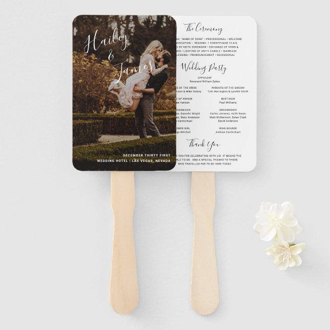 Elegant Photo Modern Wedding Program Hand Fan (Front and Back)