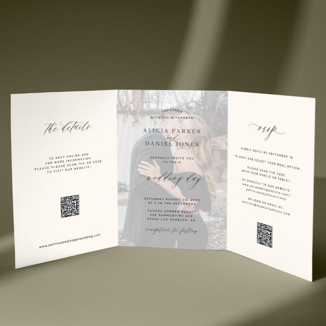 Elegant photo modern wedding RSVP details QR code  Tri-Fold Invitation (Creator Uploaded)
