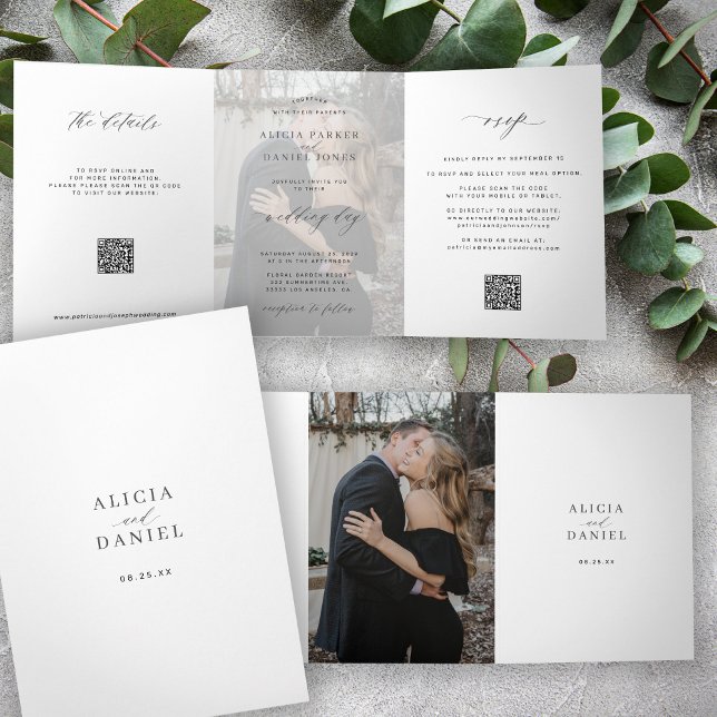 Elegant photo modern wedding RSVP details QR code  Tri-Fold Invitation (Creator Uploaded)