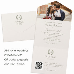 Elegant Photo Monogram QR Green Cream Wedding All In One Invitation