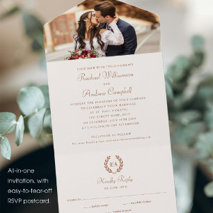 Elegant Photo Monogram Terracotta Cream Wedding All In One Invitation