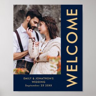 Elegant Photo Names Navy Gold Welcome Wedding Poster
