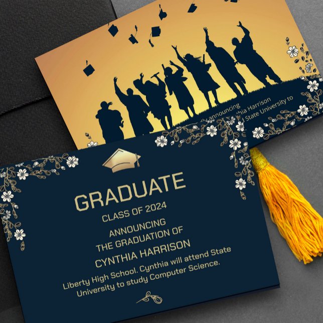 Elegant Photo Navy Blue and Gold Floral  Invitation ("A touch of elegance for your gratitude! 🌷🎓 #partygraduat #floralaccents #navyandgoldpalette #navy)
