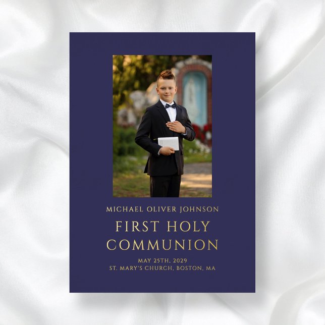 Elegant Photo Navy Blue Boy First Communion Gold  (Navy Blue Boy Photo First Holy Communion Gold Foil Invitation)