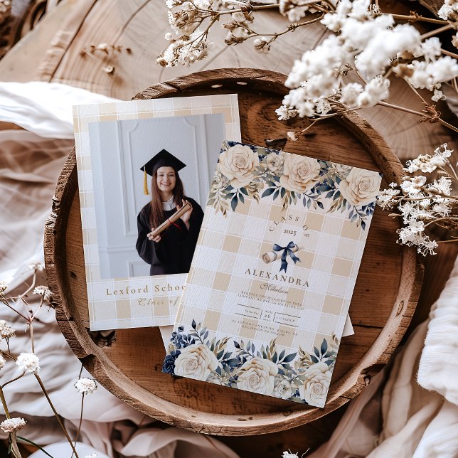 Elegant Photo Navy Blue Floral Graduation  Invitation (Creator Uploaded)