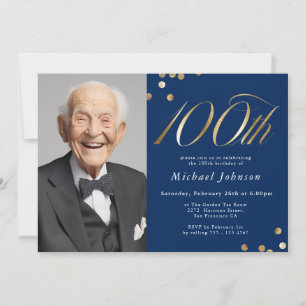 Elegant Photo Navy Blue Gold 100th Birthday Invitation