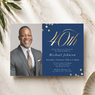 Elegant Photo Navy Blue Gold 40th Birthday Invitation