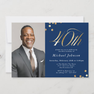 Elegant Photo Navy Blue Gold 40th Birthday Invitation