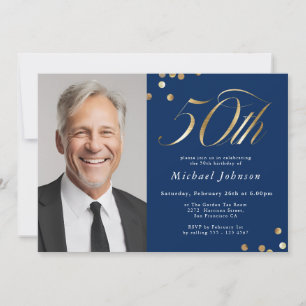 Elegant Photo Navy Blue Gold 50th Birthday Invitation