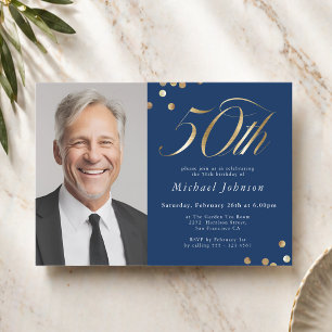 Elegant Photo Navy Blue Gold 50th Birthday Invitation