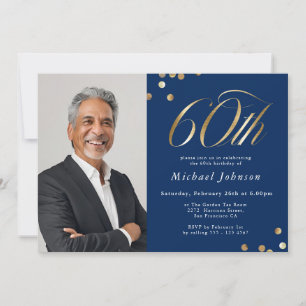 Elegant Photo Navy Blue Gold 60th Birthday Invitation