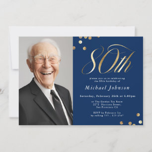Elegant Photo Navy Blue Gold 80th Birthday Invitation