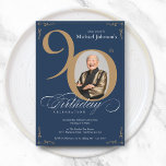 Elegant Photo Navy Blue Gold 90th Birthday  Invitation<br><div class="desc">Elegant Photo Navy Blue Gold 90th Birthday Invitation. And elegantly designed special birthday celebration invitation,  featuring a custom photo of birthday person and script calligraphy with vintage flourish elements. Simple enough to fit a variety of themes and colours!
Need help? Simply contact me!</div>