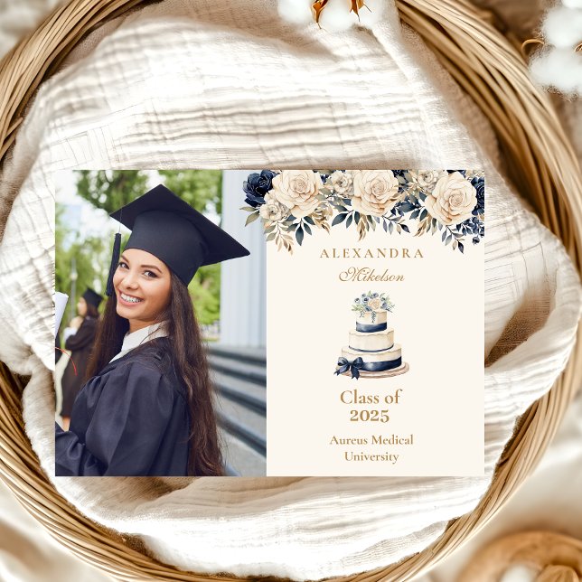 Elegant Photo Navy Gold Floral Graduation  Announcement (Creator Uploaded)