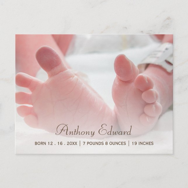 Elegant Photo Newborn Baby Feet Birth Announcement Postcard (Front)