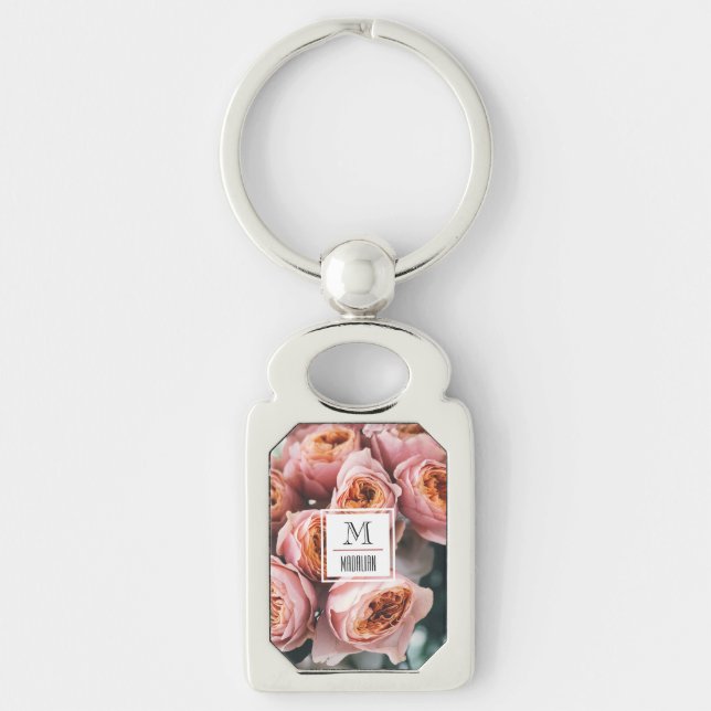 Elegant photo of pink roses Monogram initial cute Key Ring (Front)