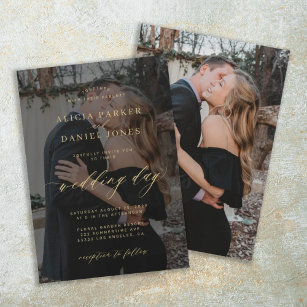 Elegant photo overlay faux gold black wedding invitation