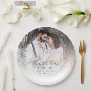 Elegant Photo Overlay Mr Mrs Names Date Wedding Paper Plate