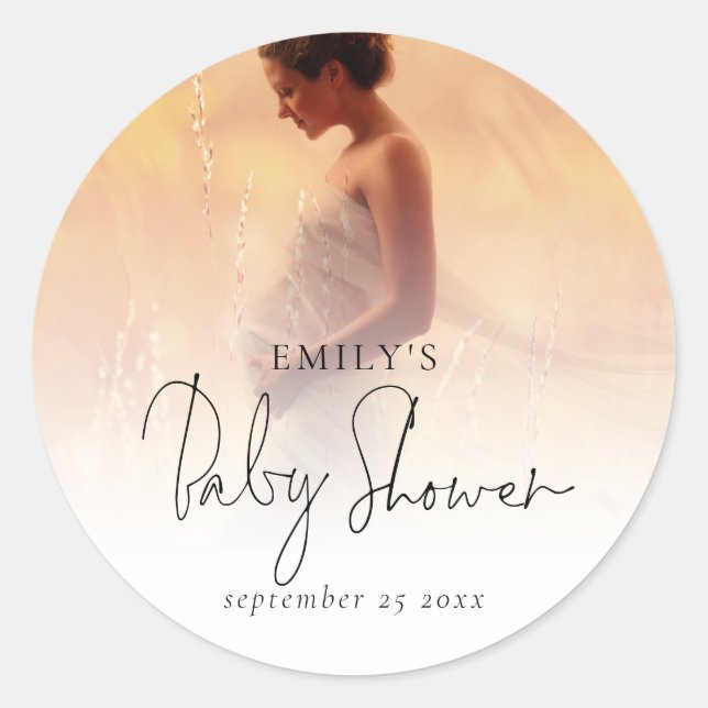 Elegant Photo Overlay Script Baby Shower  Classic Round Sticker (Front)