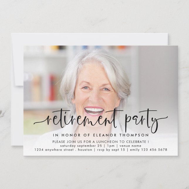 Elegant Photo Overlay Script Retirement Invitation (Front)