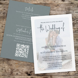 Elegant Photo Overlay Simple Dusty Blue QR Code Invitation