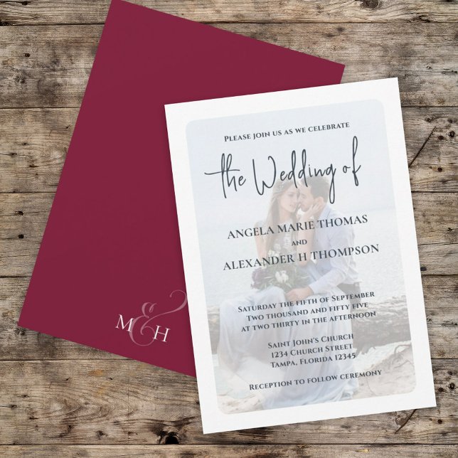 Elegant Photo Overlay Simple Trendy Burgundy Invitation (Creator Uploaded)