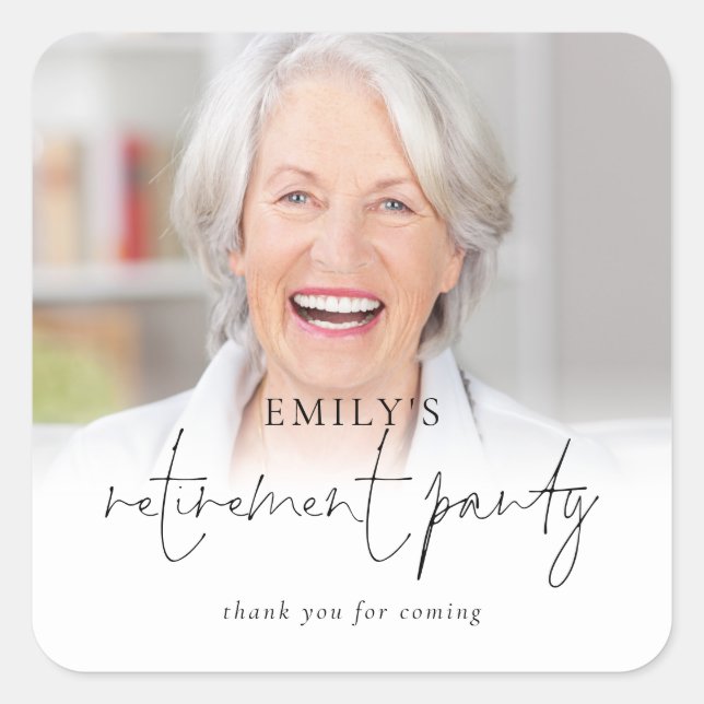 Elegant Photo Overlay Thank You Retirement Party   Square Sticker (Front)